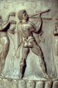 Borghese-kratern eller vasen, detalj av relief föreställande en man som spelar dubbelflöjt, Neo-Attic, c.40-30 f.Kr. marmor