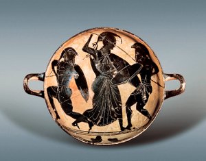 Trojanska kriget: Gudinnan Athena kämpar mellan Hector och Achilles. 600-talet f.Kr. Kylix (drickskopp) har svarta figurer i keramik, Kataloniens arkeologiska museum, Barcelona. av Greek
