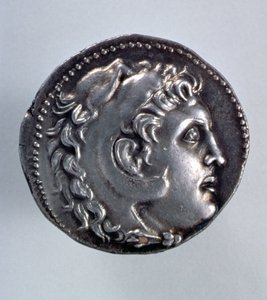 Alexander den store Tetradrachm som visar Herakles huvud som bär en huvudbonad av lejonskinn