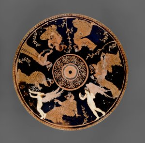 Attic röd-figur Pyxis, detalj av locket dekorerad med kvinnor som håller kärlekssymboler och halsband, nära Medidias Painter (keramik) av Greek School
