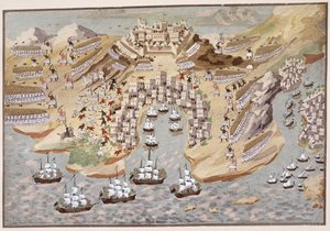 Fågelperspektiv över västra Grekland centrerad på Vonitsa, från det grekiska frihetskrigets bildhistoria av Greek School
