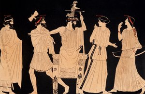 Athenas födelse kommer ut ur Jupiters huvud (Zeus), målning som finns i Vulci, ed. 1900-talet.