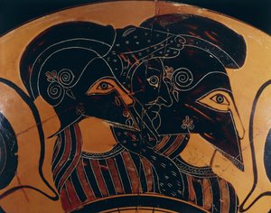 Detalj av grekisk vas med svart figur föreställande tre krigare med hjälmar av Greek School