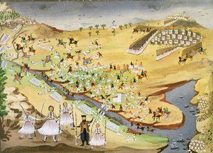 Första slaget mellan greker och turkar, vid Alamana-bron 1821, från det grekiska frihetskrigets bildhistoria av Greek School