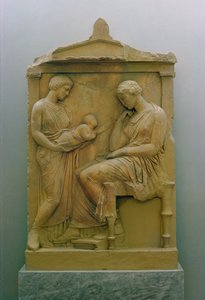 Begravningsstela som föreställer en piga som håller ut ett barn till en sittande kvinna (marmor) av Greek School