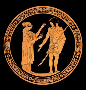 Galant samtal, dekoration av en keramik med röda figurer. 500-talet f.Kr. (keramik) av Greek School