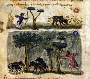 Jagar vildsvin efter det grekiska manuskriptet av Oppianus De Venatione 1200-talet. av Greek School
