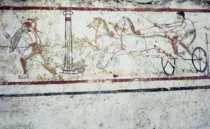 Lucanian freskgravmålning föreställande en gladiator och en man på en vagn, Paestum 350-330 f.Kr. av Greek School