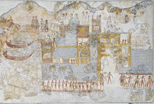 Miniatyrfresk som visar en flotta som lämnar kajen, från Thera eller Santorinis västra hus, Grekland av Greek School
