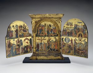 Uppfostran av Lasarus; Inträde i Jerusalem; Korsfästelse; Kristi nedstigning till helvetet (centralpanel), andra hälften av 1500-talet (tempera med bladguld på trä) av Greek School