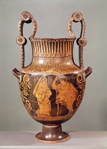 Rödfigurskrater som visar en konversation mellan en efebe och en kvinna som bär en himation, från Boeotia (keramik) av Greek School