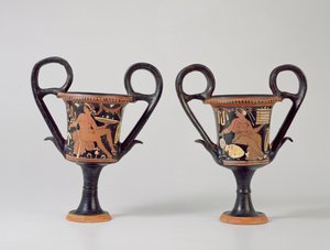 Rödfigur kantharos föreställande en ungdom och kantharos föreställande en kvinna, ca 310 f.Kr. (keramik) av Greek School