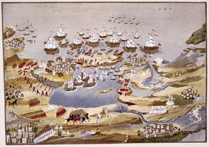 Siege and Naval Battle, plåt 13 från Pictorial History of the Greek Independence War of Independence av General Makryjannis av Greek School