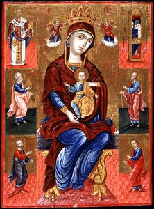 Skopiotisas jungfru med Kristus och sex helgon, ca 1700 (bladguld och tempera på panel) av Greek School