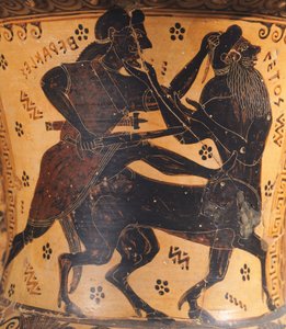 Amfora, tillskriven målare av Nettos, keramik med svarta figurer, Detalj som visar Herkules och kentauren, grekisk civilisation, 700-talet f.Kr. av Greek School