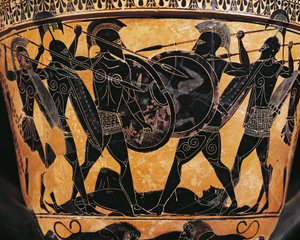 Grekisk civilisation, keramik med svarta figurer, Krater som skildrar kampen om Patroklos kropp, Från Farsala, Grekland