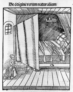 En barnmorska städar det nyfödda barnet medan mamman vilar. Gravyr - i "" Margarita Philosophica"" av Gregor Reisch (1467-1525), Basel av Gregor Reisch
