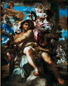 Herkules välkomnas i Olympus Representation av Herkules apoteos (Herakles) välkomnas bland gudarna på Olympen, det är en lagrarkrona. Målning av Gregorio De Ferrari (1647-1726) Privat samling