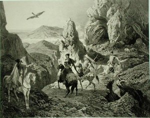 A Falcon Hunt near Yerevan, Armenia, skylt 20 från en bok om Kaukasus, graverad av Eugene Ciceri (1813-90) och Adolphe Jean-Baptiste Bayot (1810-66), utgiven av Alfred Leon Lemercier, Paris