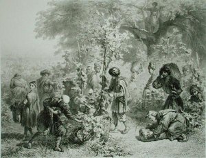 Druvskörd i Kakhetie, Georgia, plåt 30 från en bok om Kaukasus, graverad av Eugene Le Roux (1807-63) utgiven av Alfred Leon Lemercier, Paris