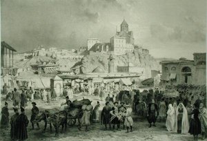 Bazaren på Maidan-torget i Tiflis, Georgien, tavla 25 från en bok om Kaukasus, graverad av Adolphe Jean-Baptiste Bayot (1810-66) och Eugene Ciceri (1813-90), utgiven av Alfred Leon Lemercier, Paris.