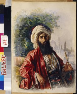 Emir. Porträtt av en muslimsk religiös ledare som röker en narguile, framför en moské, under perioden av gerillakrigföring och motstånd mot det ryska imperiet i norra Kaukasus i mitten av 1800-talet. Verk av Grigori Grigorievich Gagarin (Gagarin) (1810 av Grigori Grigorevich Gagarin