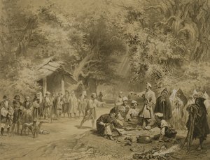 End of the Hunt, Mingrelia, plansch 6 från en bok om Kaukasus, graverad av Adolphe Mouilleron (1820-81), utgiven av Alfred Leon Lemercier, Paris, 1847. av Grigori Grigorevich Gagarin