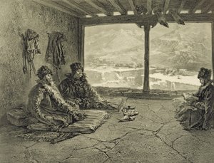 Shariaföreläsning i Khosrakh, Dagestan, plåt 50 från en bok om Kaukasus, graverad av Adolphe Mouilleron (1820-81) utgiven av Alfred Leon Lemercier, Paris, 1847 av Grigori Grigorevich Gagarin