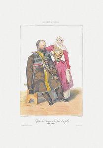 Terek Cossack with Daughter Från: Scener, paysages, meurs et costumes du Caucase, 1840 av Grigori Grigorevich Gagarin