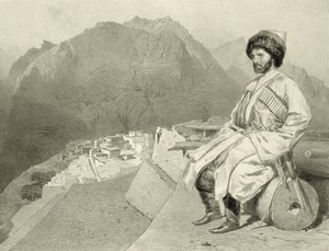 Vy över Ghimri och porträtt av Hadji-Mourad, skylt 66 från en bok om Kaukasus, graverad av Jules Joseph Augustin Laurens (1825-1901) och Eugene Ciceri (1813-90) av Adolphe Mouilleron (1820-81), pu
