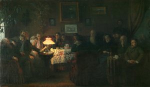 Läsningen av novellen Kreutzersonaten i Leo Tolstojs hus, 1889