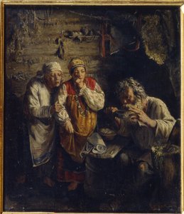 Helaren (häxdoktorn). I en fattig, lantlig hydda ser två barfota kvinnor klädda i folkloristiska klänningar oroligt en gammal man som dricker ett örtläkemedel, bredvid honom en mortelstöt för att tillaga medicinska blandningar.