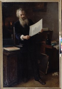 ""Det första intrycket"" (Det första intrycket). Porträtt av konstnären Ivan Ivanovich Shishkin (Ivan Ivanovitch Shishkin) (1832-1898) och tittar på ett av sina verk som han just har gjort. Målning av Grigori (Grigoriy, Grigory) Grigoryevich Myasoyedov ( av Grigori Grigoryevich Myasoedov