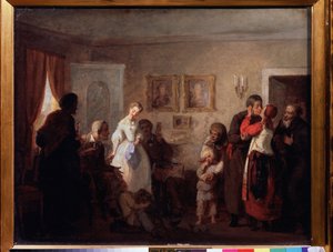 Grattis till ett nygift par i en herrgård. (Grattis till det nygifta paret i en herrgård). Målning av Grigori (Grigoriy, Grigory) Grigoryevich Myasoyedov (Myasoedov, Miasoedov) (1834-1911), olja på duk av Grigori Grigoryevich Myasoedov