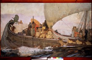 En resa för minoerna. Gå ombord för att segla utanför Kreta. Målning av Ivan Grigoryevich Myasoyedov (Miasoyedov, Miasoyedov) (1881-1953), olja på duk