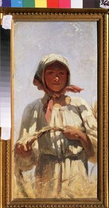 En skördare. Porträtt av en ung bondkvinna i traditionell dräkt, i ett vetefält mitt i sommaren för skörden. Målning av Grigori (Grigoriy, Grigory) Grigoryevich Myasoyedov (Myasoedov, Miasoedov) (1834-1911), olja på duk. ru konst