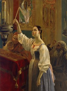 En flicka placerade ett ljus framför ikonen, 1842 av Grigori Karpovich Mikhaylov