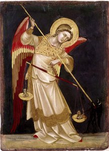 Ängel som väger en själ på en våg Trämålning av Guariento di Arpo (1338-1370) Museo Civico från 1300-talet, Padua