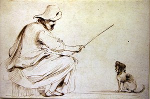 En sittande man som tränar en hund (penna & brunt bläck och tvätt på papper) av Guercino