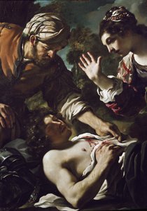Herminie (Erminia) upptäcker Tancrede vett (detalj) av Guercino