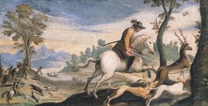 Jakt på rådjur och vildsvin, av Giovanni Francesco Barbieri, känd som Guercino (1591-1666), fresk, 53x101 cm av Guercino