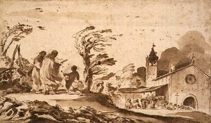 PD.1-1987 Landskap med begravningsprocession (bläck & tvätt) av Guercino