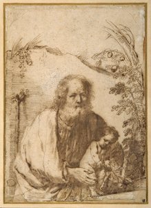 St. Josef och Kristusbarnet som greppar en kvist av ett äppelträd (penna och bläck på papper) av Guercino