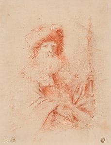Skiss av skäggig man i turban (röd krita på papper)