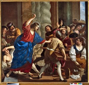 Kristus som driver ut låntagarna från templet Målning av Giovanni Francesco Barbieri dit Il Guercino (The Guerchin) (1591-1666)