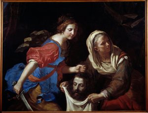 Judith och Holofernes huvud. Hans tjänarinna Abra håller i väskan medan Judith lägger ner huvudet på mannen. Målning av Giovanni Francesco Barbieri dit Guercino (The Guerchin