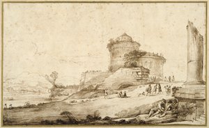 Landskap med en trasig kolumn, ett slott och många figurer i förgrunden till höger (penna & bläck på papper) av Guercino