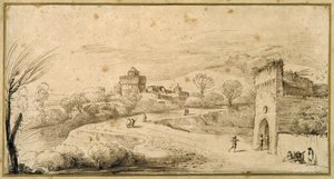 Landskap med en krenelerad portbyggnad och en slingrande väg (penna och bläck på papper) av Guercino