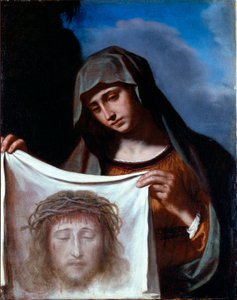 Sankta Veronica. Den heliga slöjan representerar Kristi ansikte vars svett Veronique sades ha varit svettig under stigningen till Golgata. Målning av Giovanni Francesco Barbieri Guerchin dit Il Guercino (1591-1666) 1600-talsgener, samling Banca Ca