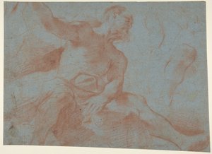Sittande gammal man med höger arm upphöjd (Tithonus) (recto) av Guercino